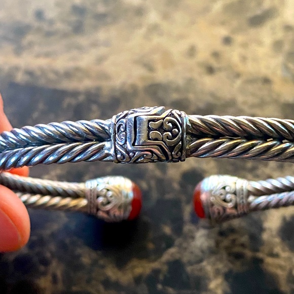 Samuel B. Sterling Silver 18K Gold with Coral Gemstones Hinged Cuff Bracelet - Picture 5 of 9